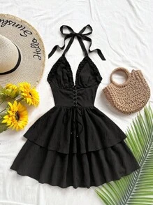 Soleia 休闲度假西部海滩婚礼宾客派对服装毕业早午餐服装，圣帕特里克节春假复活节音乐节，优雅波西米亚热带优雅红色纹理蝴蝶结露背荷叶边迷你连衣裙 - 黑色 - 查看 4