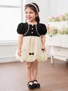 Rochie drăguță și elegantă cu mânecă scurtă, cu fundă și blocuri de culoare pentru bebeluși - Multicolor - Vizualizare 3
