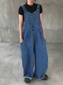 FRIFUL Quần yếm denim ống rộng, dáng rộng, có túi hai bên, có dây rút ở eo dành cho nữ - Màu xanh lam - Xem 4