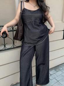 Dazy Plus 深洗蓝色宽松长款牛仔吊带背心上衣和阔腿牛仔裤两件套度假套装，夏季 - 深色水洗藍 - 查看 7