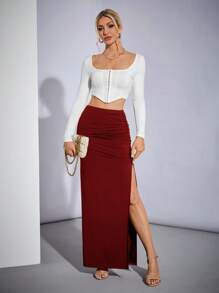 SHEIN Tall 褶饰开叉大腿派对女式黑色半身裙