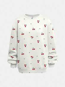 SHEIN Leap Crew Áo nỉ tay dài cổ tròn in họa tiết quả anh đào dễ thương, cổ điển, dễ thương, màu trắng kem, dành cho bé gái tuổi mới lớn, dáng rộng, thoải mái, phù hợp cho mùa thu/đông, trở lại trường, phong cách những năm 2000, phong cách Hàn Quốc, mùa thu/thu, tiệc chào đón, mùa đông, phong cách Grunge - Nhiều màu - Xem 4