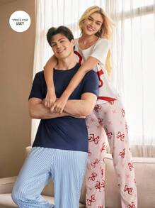 CoupledUp Contrast Stripe Print Men's Pajama Set Including Short Sleeve Tops And Bottoms Couple Pajama Sets Couple Pjs Summer Sleep Wear Sets Men Sleepwear Men Pjs Set - Multicolor - View 1