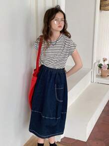 DAZY 2pcs Girls Summer Casual T-Shirt And Denim Skirt Set, Street Style - Blue - View 1