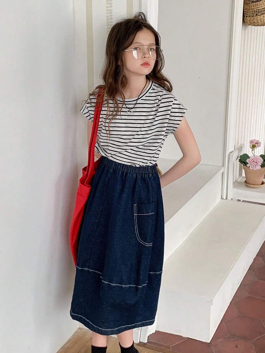 DAZY 2pcs Girls Summer Casual T-Shirt And Denim Skirt Set, Street Style - Blue - View 1