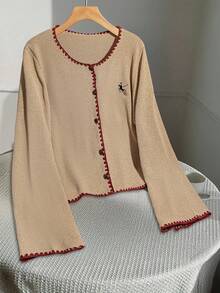 EMERY ROSE Plus Size Women's Contrast Color Knitted Round Neck Embroidered Splice Long Sleeve Casual Cardigan, Autumn/Winter