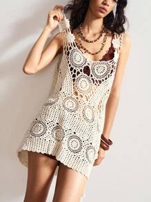 Bohemela 女士花卉镂空无袖低领针织度假连衣裙 - 杏色 - 查看 6