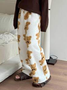 DAZY Tween Girl Bear Print Warm Pajama Pants Thermal Lined,Winter - White - View 5