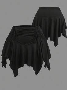 Sweetra Plus Size Elastic Waist Front Draw String Asymmetrical Hem Skort