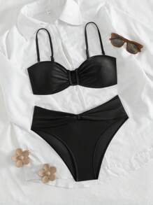 Swim Chiccia 2 pezzi Costume da bagno da donna con top a fascia removibile a tinta unita e slip a vita alta