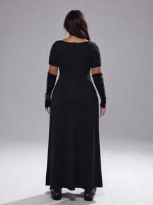Whyspr Plus Size Women's Black Five-Pointed Star Decor Solid Elegant Off Shoulder Simple Casual Dress , Halloween - Black - View 2