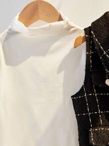 SHEIN 2pcs Young Girl Elegant Solid High Neck Long Sleeve Dress And Plaid Front Button Vest Set, Suitable For School, Travel, Walking - White - View 7