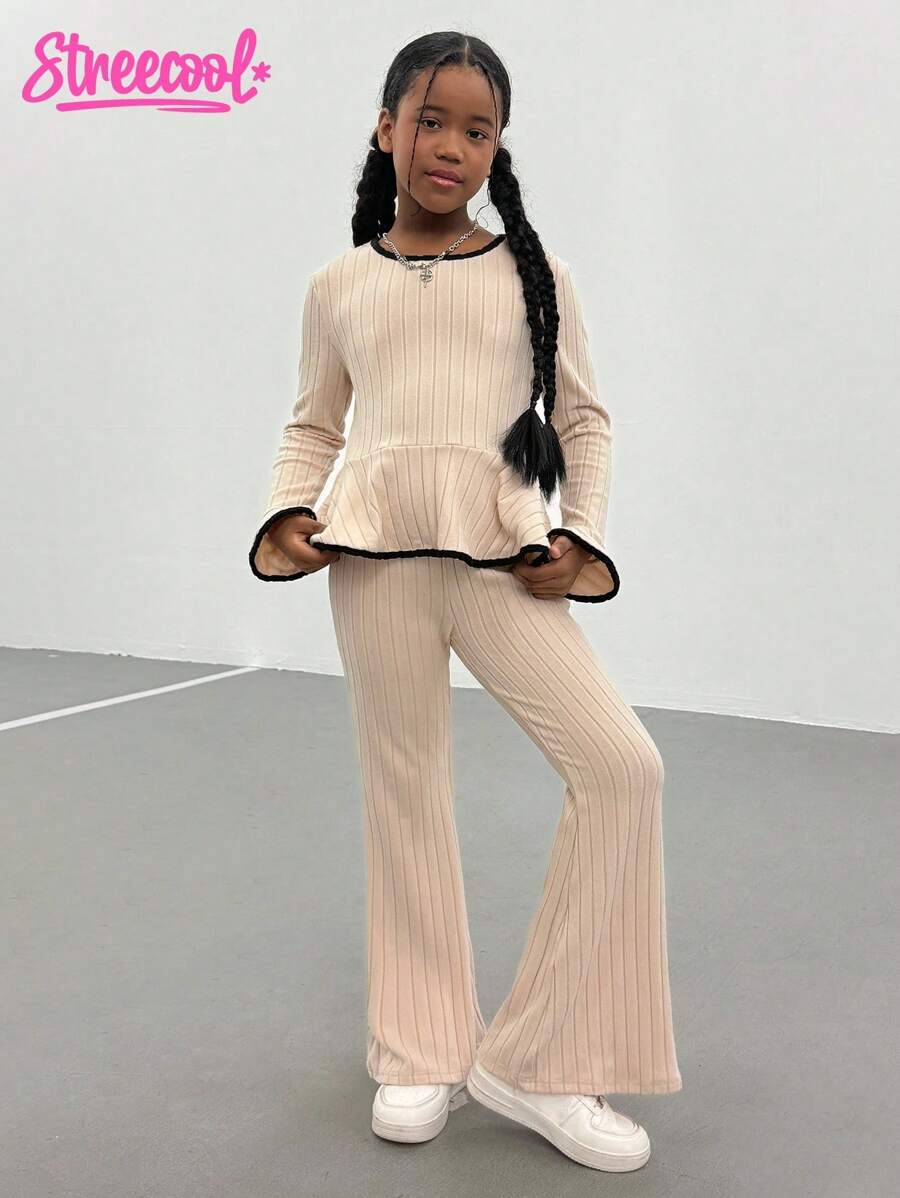 Tween Girl Contrast Trim Bell Sleeve T-Shirt And Flared Pants Set Fall Winter