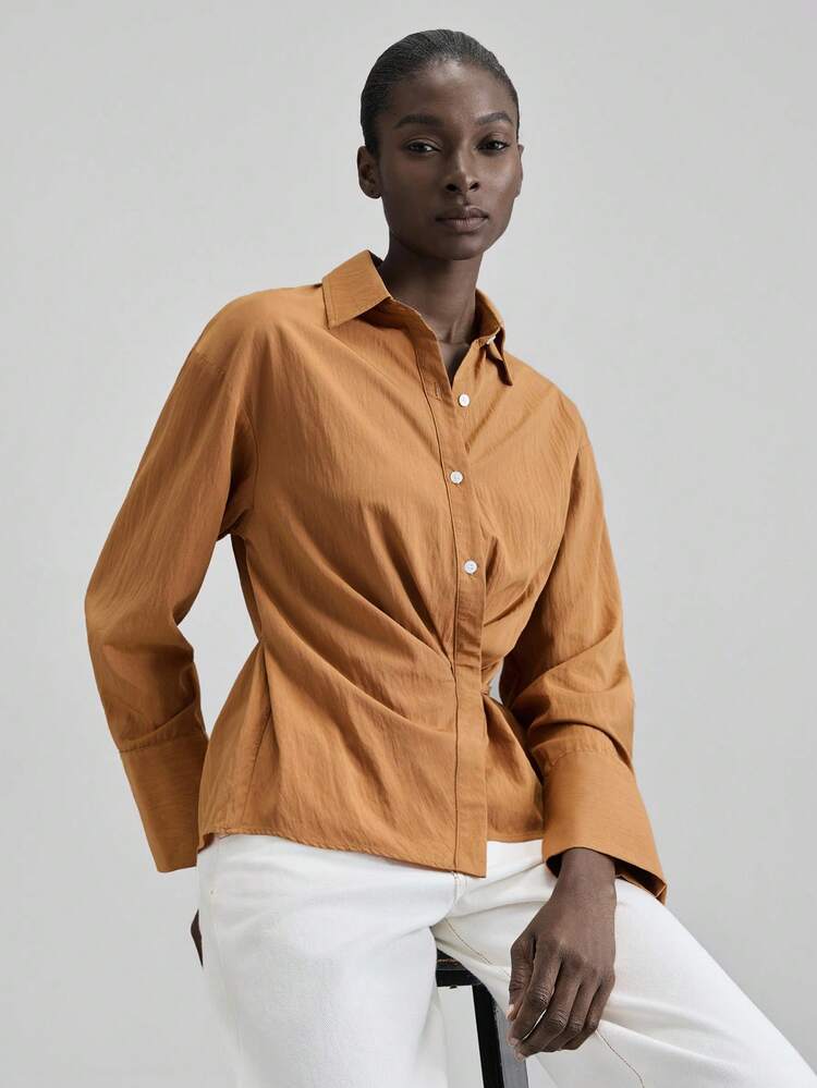 2025 Women's Shades Of Brown Shirt,Long Sleeve Lapel Collar Asymmetric Waist Tie,Autumn Office Smart Casual High-End Urban Minimalist Business Wear