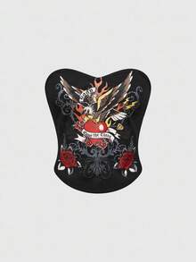 ROMWE Grunge Punk Top tubo para mujer con estampado de ala de corazón de águila negra, para salir de noche, club, verano, inspirado en Y2K y los 90 - Negro - Ver 1