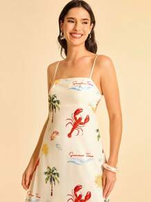 CAJUNI 女士海洋元素印花度假连衣裙，细肩带开叉腰露背设计，适合夏季度假