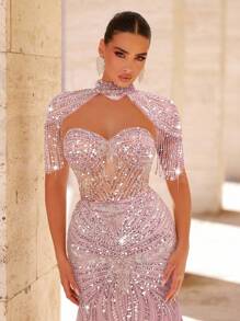 Glamrae Váy đuôi cá lưới đính cườm và sequin sang trọng thanh lịch với thiết kế tay tua rua, thích hợp cho đám cưới, tiệc tùng, vũ hội, tiệc tối (được trang trí nhiều chi tiết) - Bụi hồng - Xem 3