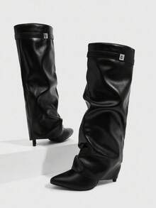 Daringsoles 女士时尚百搭黑色高跟过膝靴 - 黑色 - 查看 5