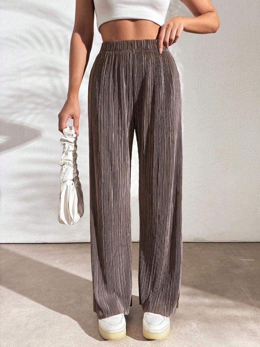 RueChic Pantalon En Tricot Côtelé À Coupe Droite Et Couleur Unie - Taupe - Voir 1