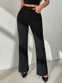 SHEIN PETITE Women's Solid Color Casual Pants Black Flare Pants,Fall Clothes For Women