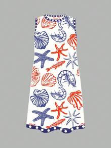 SHEIN EZwear 休闲简约海洋生物印花图案女式短裙，适合夏季 - 藍色 - 查看 2