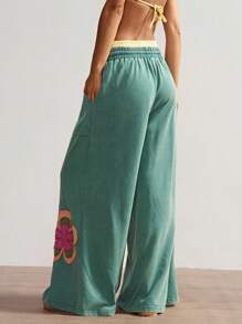 Bohemela 女士休闲针织拼布宽松阔腿裤 - 綠色 - 查看 5
