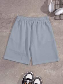 EURMUSE 100%Cotton Men Spring And Summer Casual Texture Fabric Drawstring Waist Short Pants With Hand-Written English Letter Pattern - Baby Blue - View 2