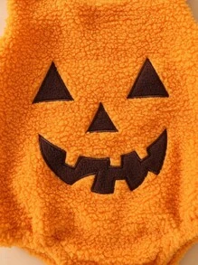 SHEIN 3 件套新生儿南瓜图案毛绒无袖连体衣，带帽子和围兜，可爱万圣节服装