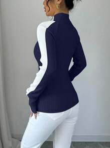 SHEIN Raffinéa Color Block Stand Collar Minimalist Knit Sweater Knit Pullover Fall Winter - Navy Blue - View 2