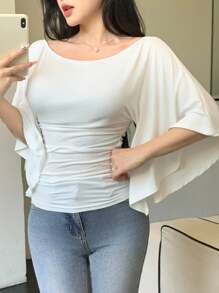 Celisse Camiseta de mujer de unicolor elegante, de punto, con mangas acampanadas y alta elasticidad