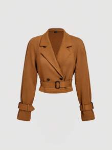 SHEIN MOD Women's Suede Short Trench Coat, Autumn Outerwear - Camel - View 2