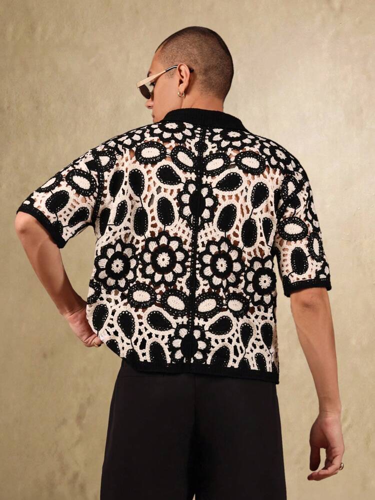 Embroidered Openwork Crochet Knit Short Sleeve Polo