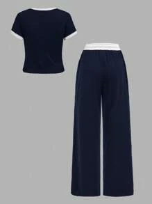 SHEIN Girlism Teen Girls' Ribbed Knit Contrast Color Casual Fitted T-Shirt & Loose Waistband Pocket Pants Set, Spring/Summer, Sporty Streetwear, Suitable For School, Football, Outdoor