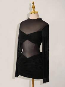 SHEIN ICON Mesh Patchwork Sheer Ruched Long Sleeve Mini Dress Black Sheer Dress - Black - View 4