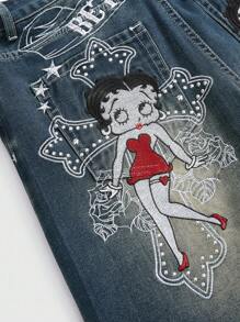 Betty Boop | ROMWE 卡通人物刺绣哥特式十字架与藤蔓玫瑰做旧水洗超大 Y2K 牛仔裤