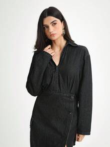 Daynim Women's Casual Asymmetric Denim Dress Autumn