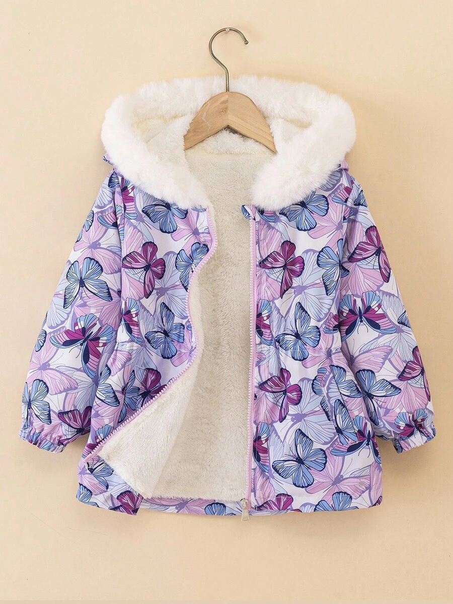 SHEIN Girls' Butterfly Print Fleece Collar Jacket, Waisted Slim Fit Casual Versatile Coat, Winter Girls Winter Coats Girls Butterfly Jacket Toddler Girl Winter Coat Kids Winter Jacket Baby Girl Winter Coat Fall - Purple - View 1