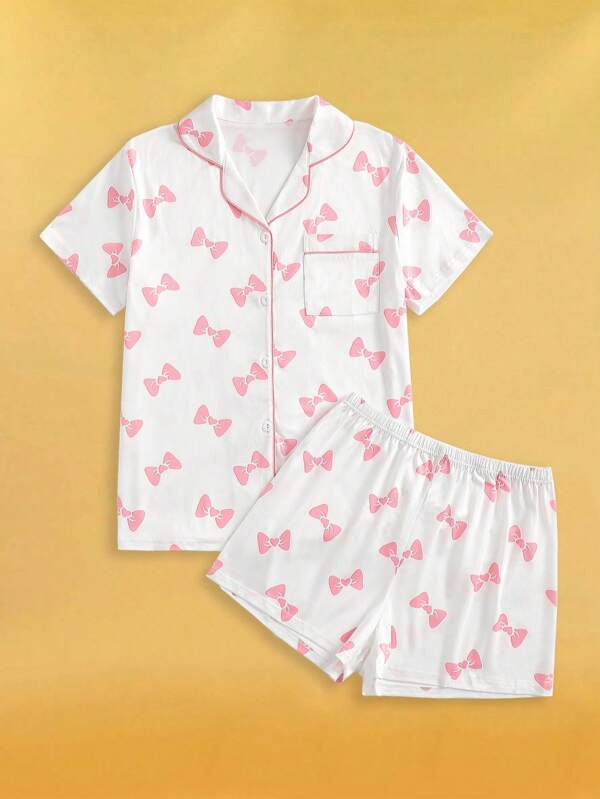 NotGurli 2 piezas Conjunto de pijama cómodo y casual con lazo rosa, de manga corta y pantalón corto, amigable con la piel, para uso en casa de adolescentes