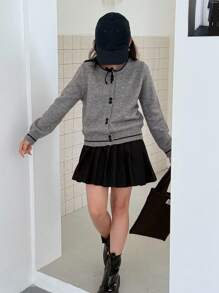 Dazy Kids 少女蝴蝶结装饰长袖单排扣休闲宽松开衫 - 灰色 - 查看 2