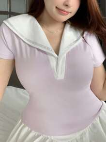 Dazy Plus 海军蓝领弹性针织修身短袖大码女式 T 恤 - 淺灰紫 - 查看 5