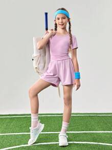 JNSQ Tween Girls Back To School Outdoor Sports Loose Shorts, Children's Elastic Waist 3M Reflective Patchwork Contrast Color Professional Outdoor Sports Shorts - Pink - View 5