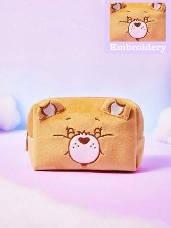 ROMWE X Care Bears Sac cosmétique mignon en peluche brodé de dessins animés, pochette de rangement portable