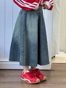 Dazy Kids 女童休闲时尚长款牛仔裙 - 中等水洗藍 - 查看 4