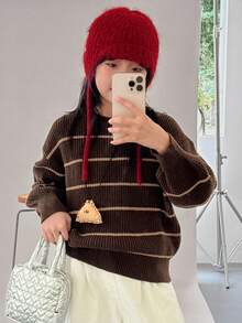 DAZY Tween Girls Crew Neck Striped Long Sleeve Sweater, Fall - Coffee Brown - View 2