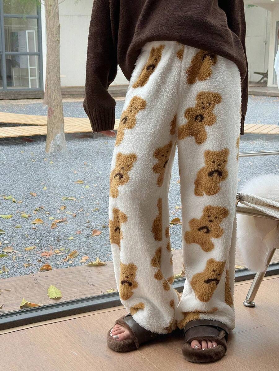 DAZY Tween Girl Bear Print Warm Pajama Pants Thermal Lined,Winter - White - View 1