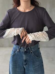 FRIFUL Women's Dark Grey Round Neck Long Sleeve Cuff Splice Sheer Lace Fabric Casual Slim Fit T-Shirt, Versatile For Autumn