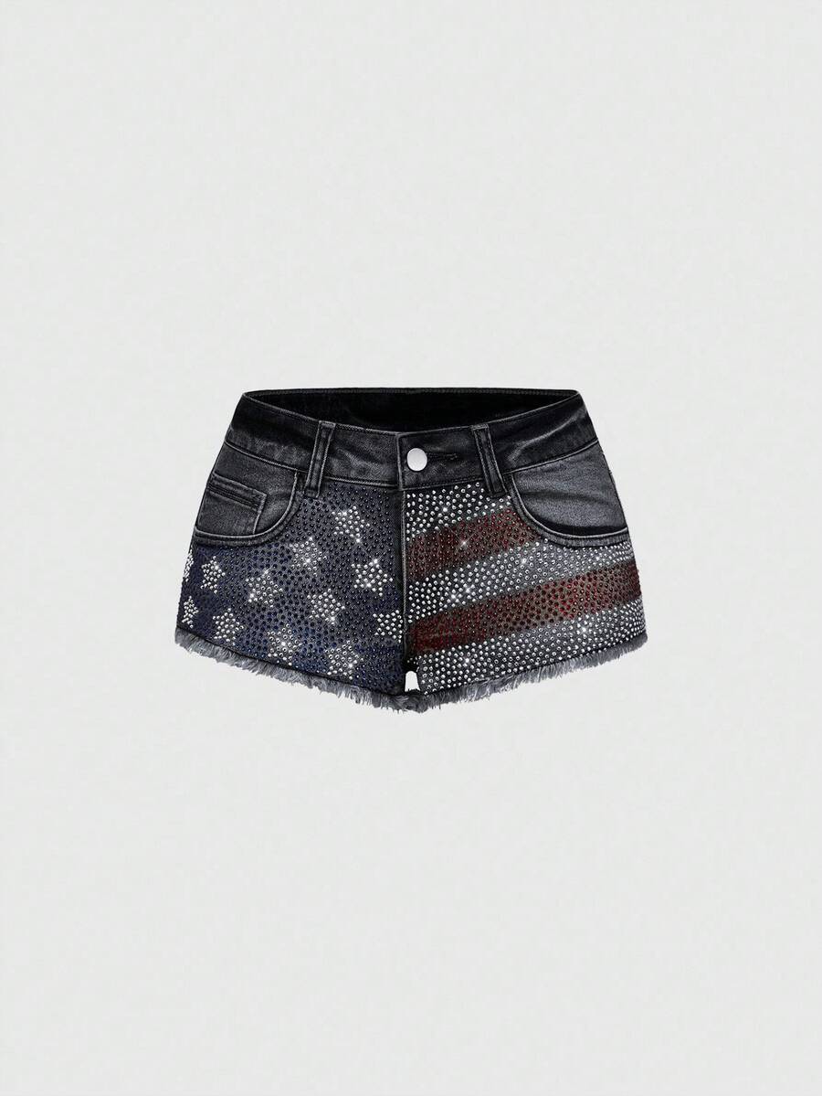 ROMWE Grunge Punk Y2K Baddie 4th Of July Distressed Vintage Wash Ultra Low Rise Denim Shorts With Rhinestone American Flag - Black - View 1