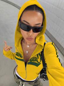 StreetHx Áo nỉ trùm đầu kiểu Mỹ cổ điển ôm vừa vặn có khóa kéo dành cho nữ mùa thu - Màu vàng - Xem 3