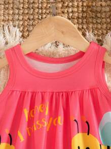 SHEIN 女宝宝可爱蜜蜂动物元素无袖连衣裙，春夏时尚新款 - 玫紅色 - 查看 6