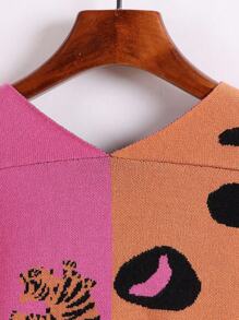 SHEIN PETITE 虎纹针织V领宽松短款开衫 - 玫紅色 - 查看 4